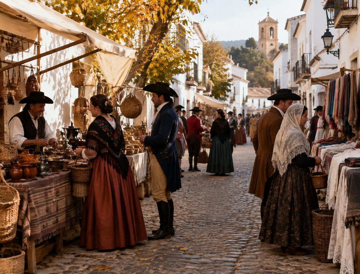 Escena de mercado tradicional con personajes vestidos de época